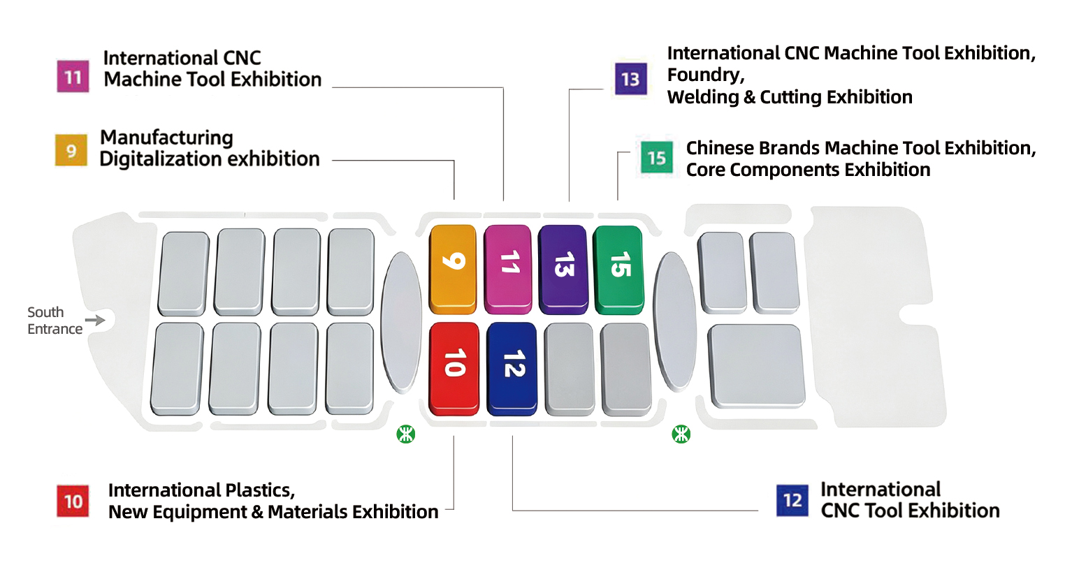 DMP exhibition venue layout showing halls 9, 10, 11, 12, 13 and 15